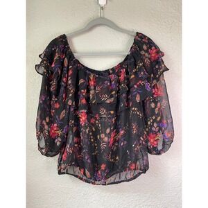Forever 21 Floral Ruffle Off Shoulder Sheer Blouse Flowy Top Large